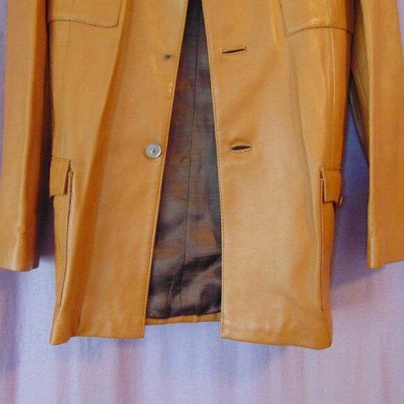 VINTAGE MARTIN BERNARD Camel Leather & Silk Jacket 6 Pockets Buckle Belt M/L - Picture 14 of 16